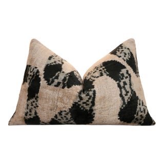 Luxury Black and Natural Silk Velvet Ikat Lumbar Pillow 16x24 Inch With Down Insert For Sale