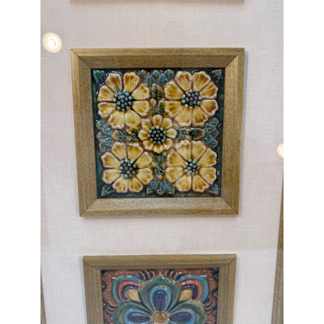 Wood Late 19th–early 20th Century, Three Colorful Antique French Majolica Tiles, Newly Framed With Linen Mat For Sale - Image 7 of 12