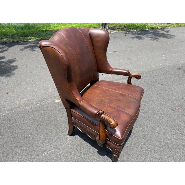 2010s Traditional Leather Wingback Armchair For Sale - Image 5 of 12