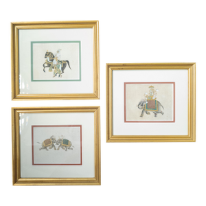 19th Century Group of Three Mughal Indian Watercolor Paintings With Horse and Elephants