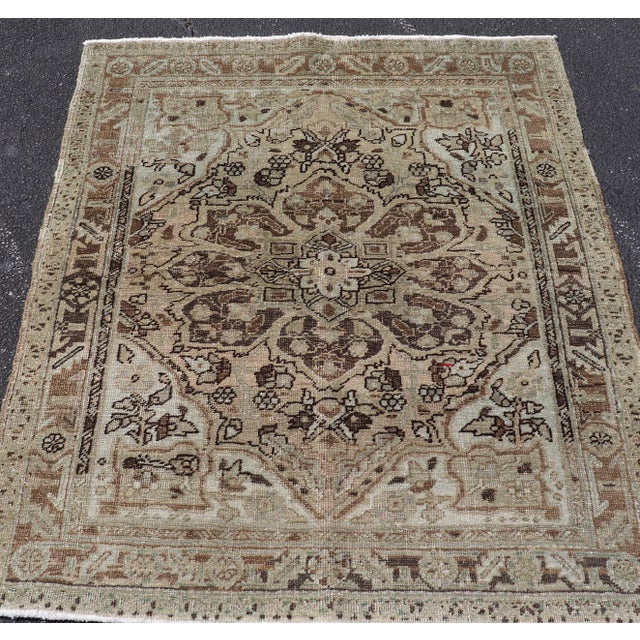 Ivory Persian Heriz Rug With Large Central Medallion and Faded Earth-Tone Palette 3'10 X 4'6 For Sale - Image 8 of 11
