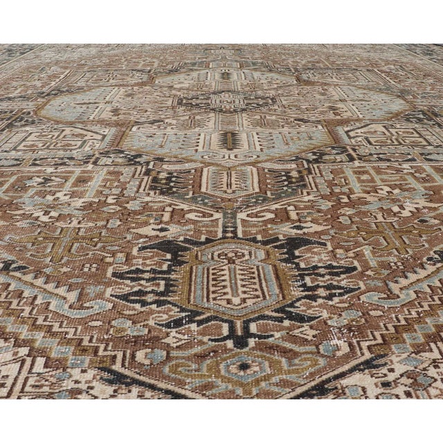 Persian Antique Heriz Rug With Geometric Design in Blue's, Tan, Cream, and Brown 11'5 X 14'7 For Sale In Atlanta - Image 6 of 17