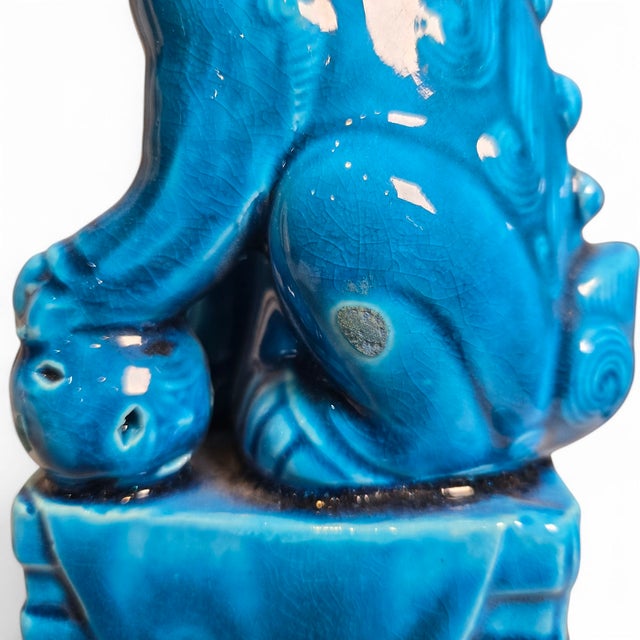 1960s Vintage Pair of Turquoise Glaze Chinese Foo Dogs For Sale - Image 5 of 10