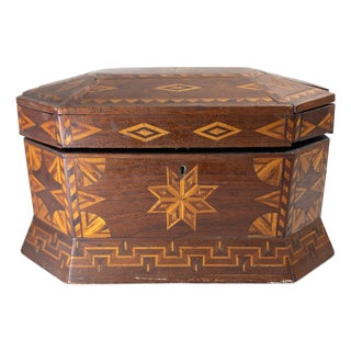 19th Century American Folk Tramp Art Parquetry Inlaid Jewelry Box For Sale
