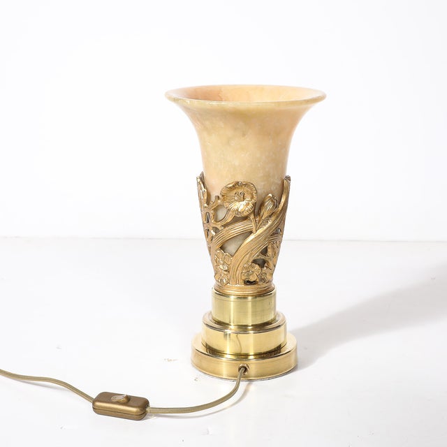 Beige 1930s Art Deco Gilt Bronze & Alabaster Table Lamps on Polished Brass Bases - a Pair For Sale - Image 8 of 14
