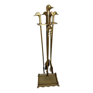 Mid-Century Modern Maison Jansen Style Brass Duck-Head Fireplace Tools & Stand - 5 Pieces For Sale