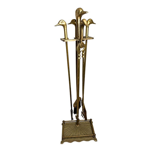 Mid-Century Modern Maison Jansen Style Brass Duck-Head Fireplace Tools & Stand - 5 Pieces For Sale