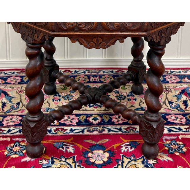 Antique French Octagonal Table Renaissance Revival Barley Twist Oak 24.5"t 19thC For Sale - Image 13 of 18