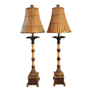 Vintage Tropical Palm Tree Table Lamps With Bamboo Shades Restored - A Pair For Sale