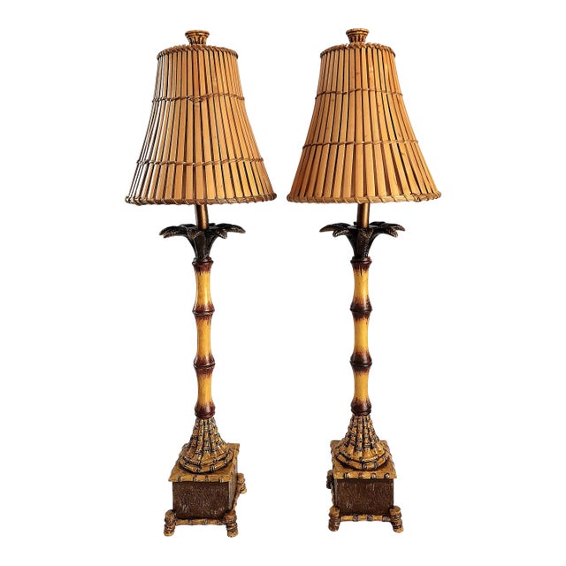 Vintage Tropical Palm Tree Table Lamps With Bamboo Shades Restored - A Pair For Sale
