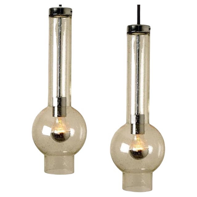 Vintage German Hand Blown Glass Tube Pendant Lights from Staff Lights, 1970s, Set of 2 For Sale