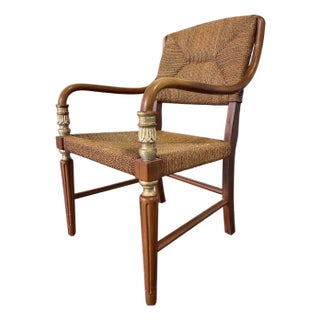 Vintage Rush Seat Armchair With Bent Rattan Arms, Campaign / Neoclassical Accent Chair in the Style of Donghia For Sale