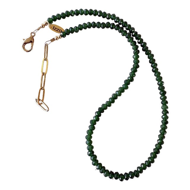 Faceted Emerald Quartz Beaded Necklace With Gold Tone, Adjustable Clasp For Sale