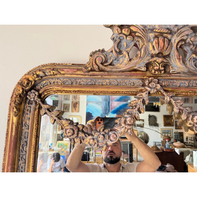 1900 - 1909 Antique 19th Century French Rococo Distressed Giltwood Wall Mirror For Sale - Image 5 of 12