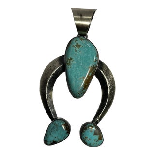 1990s Chimney Butte Native American Sterling Silver and Turquoise Naja For Sale
