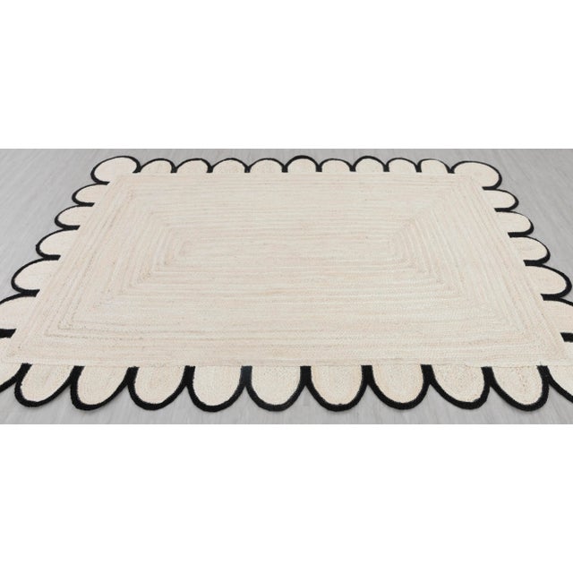 Boho Chic Black Scallop Edge With Solid White Jute Rug 2.5x8 Ft. For Sale - Image 3 of 12
