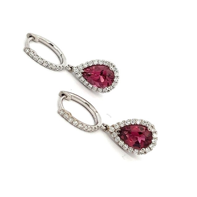 2010s Diamond Rubellite Tourmaline Drop Earrings 18k W Gold 2.93 TCW Certified For Sale - Image 5 of 12