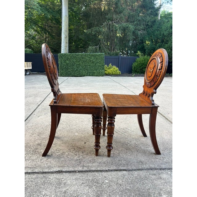 Wood Pair of Early 19th Century English Regency Oak Hall Chairs With Carved Backs For Sale - Image 7 of 18