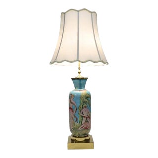 Vintage Neoclassical Hand Painted Porcelain & Brass Lamp C1940 For Sale