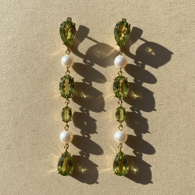 Peridot & Pearl Drop Multi-Shape Earrings, Silver, Gold, Pair For Sale - Image 4 of 9