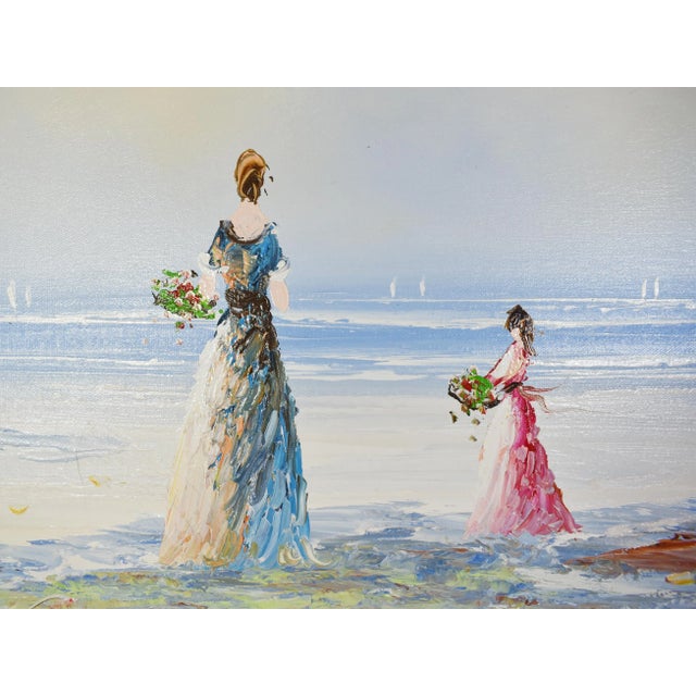 Victorian Mid 20th Century Framed Oil Painting Victorian Ladies on Beach Seaside For Sale - Image 3 of 7