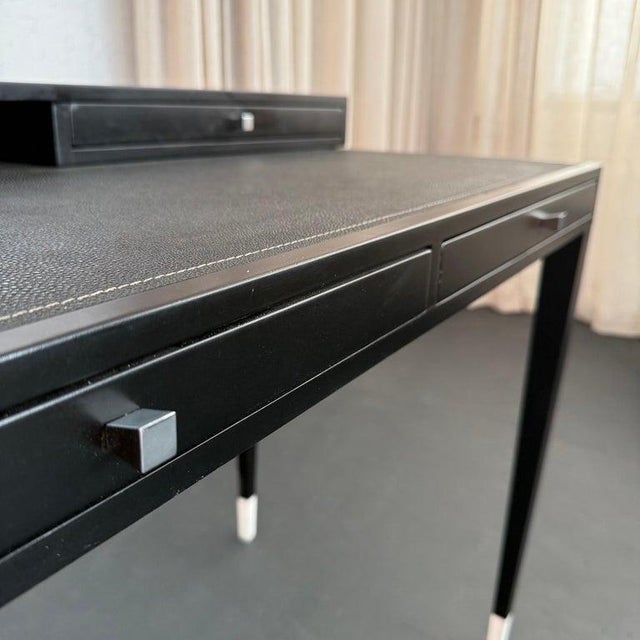 Black Italian Designer Tiered Black Lacquer Shagreen Leather Writing Desk For Sale - Image 8 of 14