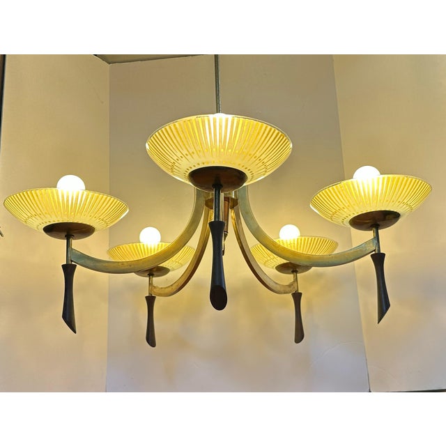 Mid-Century Modern 1960s Midcentury Modern Wood and Brass 5-Light Chandelier With Starburst Shades For Sale - Image 3 of 12