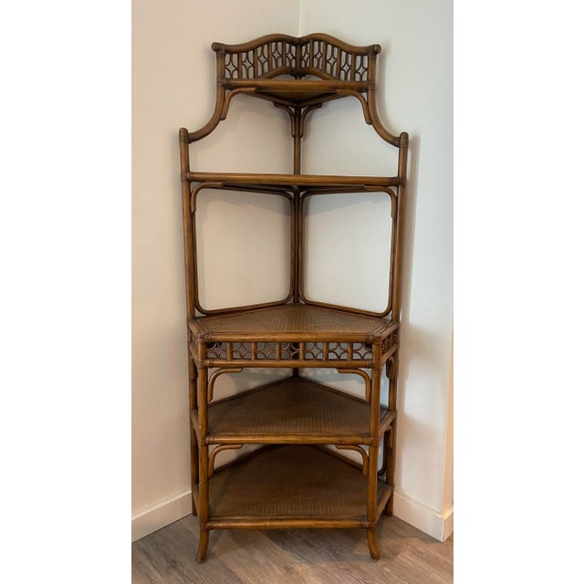 Brown Vintage Rattan and Wicker Five Tier Pagoda Etagere With Fretwork For Sale - Image 8 of 11