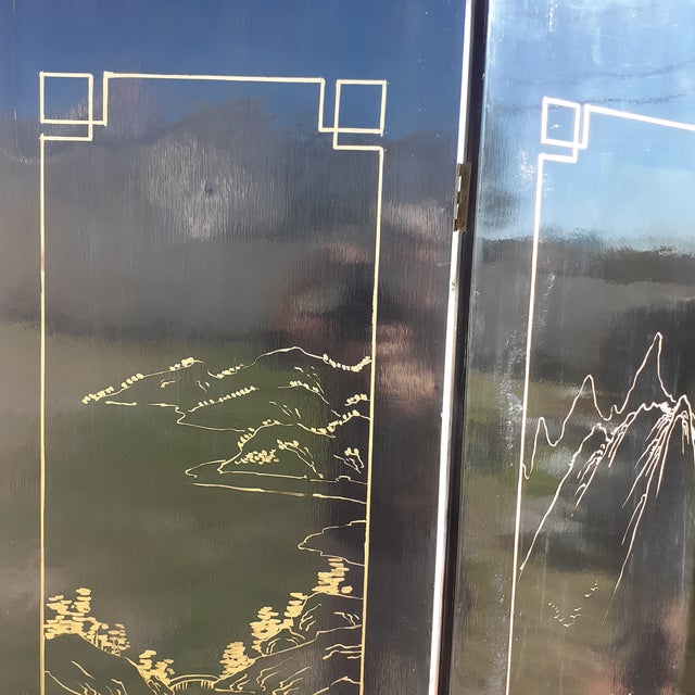 Black Vintage Chinese Black Lacquer 4-Panel Folding Screen, Hand-Painted Chinoiserie Room Divider For Sale - Image 8 of 10