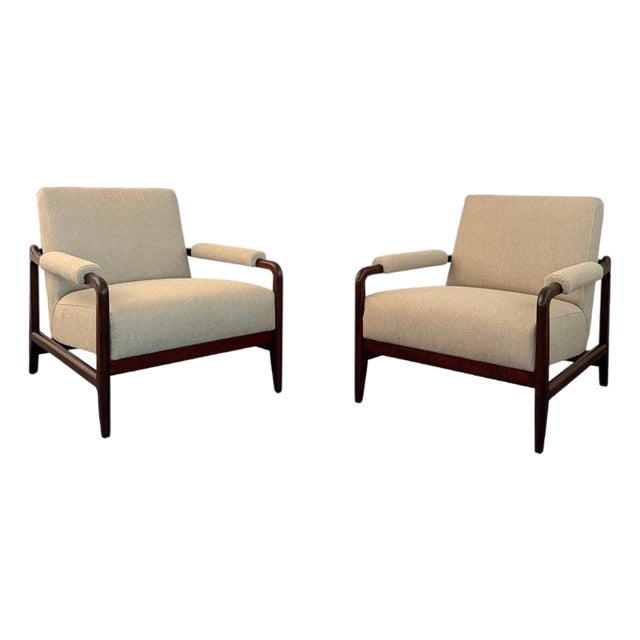 1960s Pair of Mid-Century Modern Walnut Upholstered Armchairs For Sale