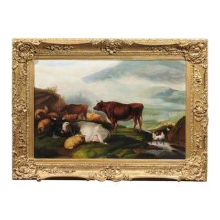 Large English 1880s Giltwood Framed Pastoral Oil Painting with Cattle and Sheep For Sale