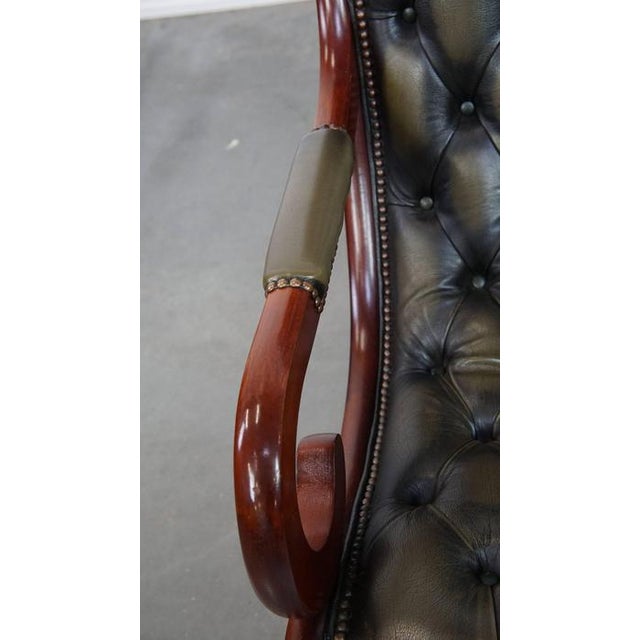 Wood English Green Cowhide and Wood Chesterfield Armchair For Sale - Image 7 of 14