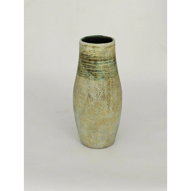 French ceramic artists Michelle and Jacques Serre 2 Potiers ceramic vase in the iconic color palette of mottled greens and...
