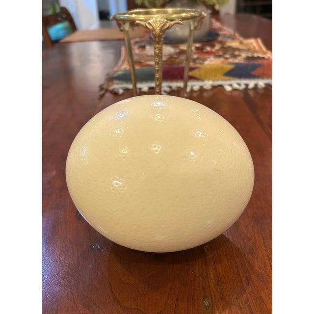 A striking natural curiosity, this genuine ostrich egg is presented on an ornate gilt brass tripod stand featuring three...