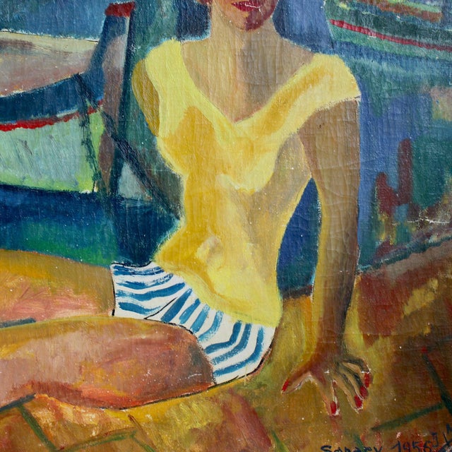 French School Artist, Young Woman at the Port of Sanary, Oil Painting on Canvas, Framed For Sale - Image 13 of 18