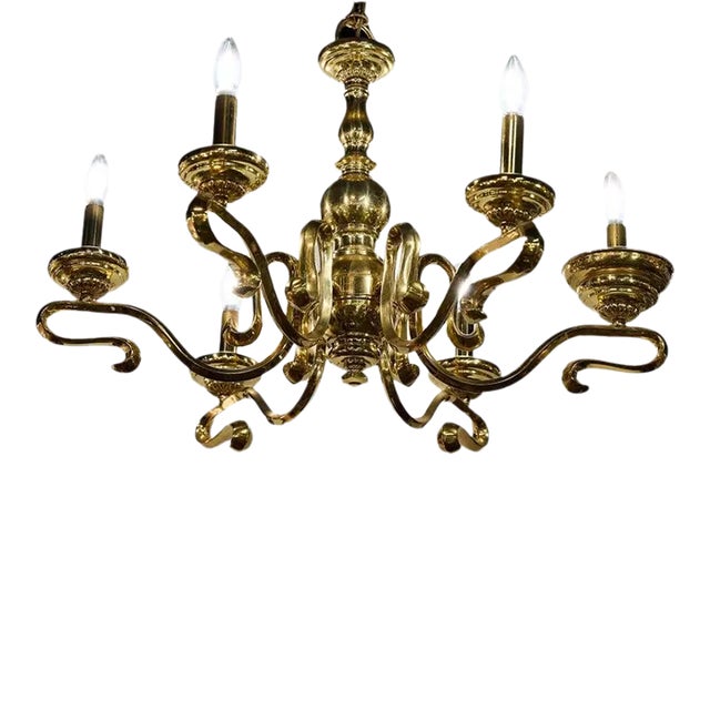 Spanish Mid-Century Brass Six Arm Chandelier For Sale