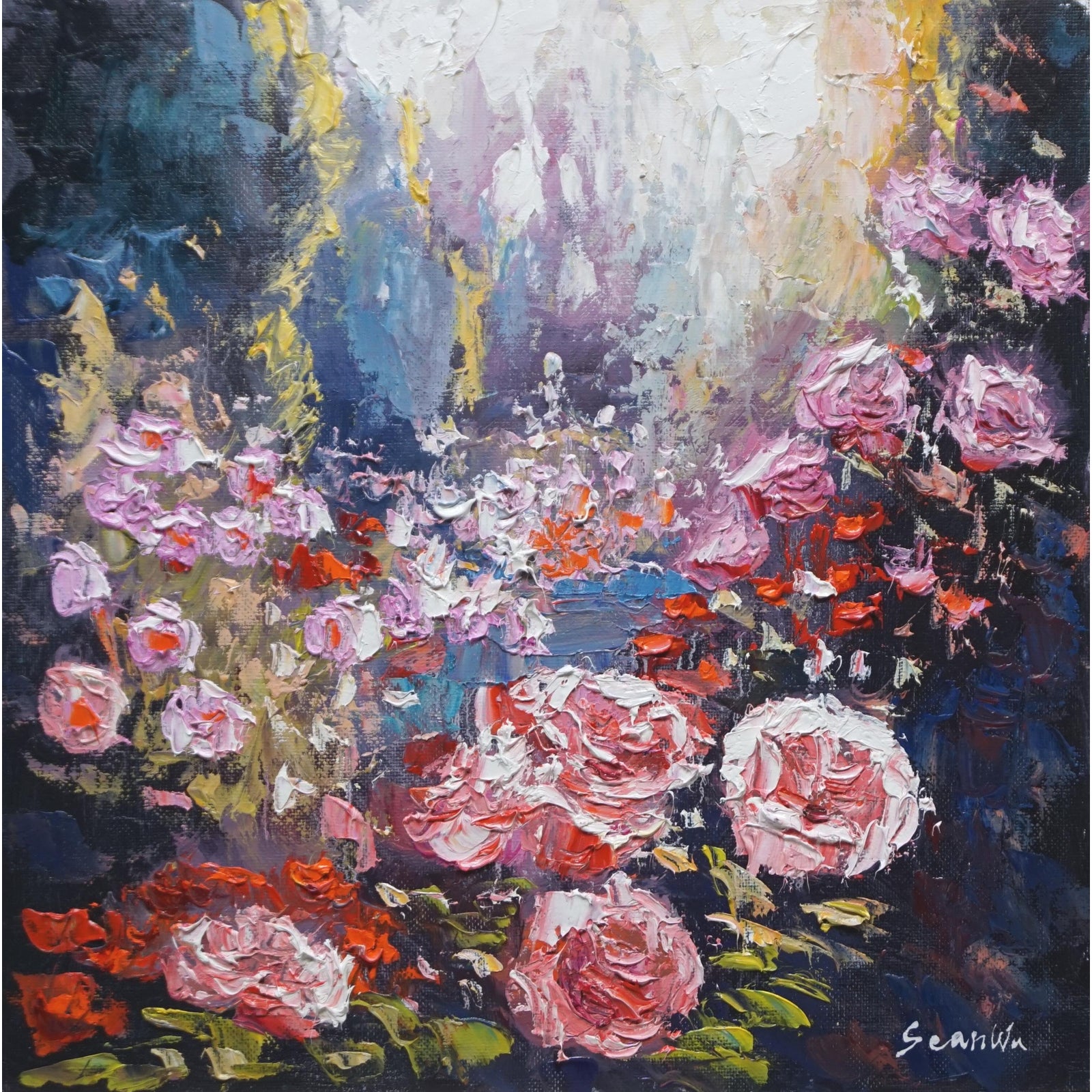 Sean Wu Original Oil Painting. Garden Flowers | Chairish