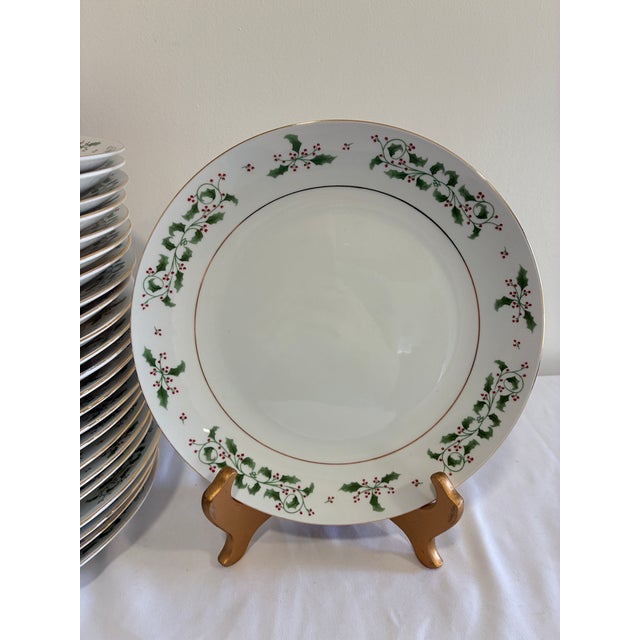 Vintage Holly Berry Christmas Porcelain Dinner Plates, Set of 24 For Sale - Image 4 of 12