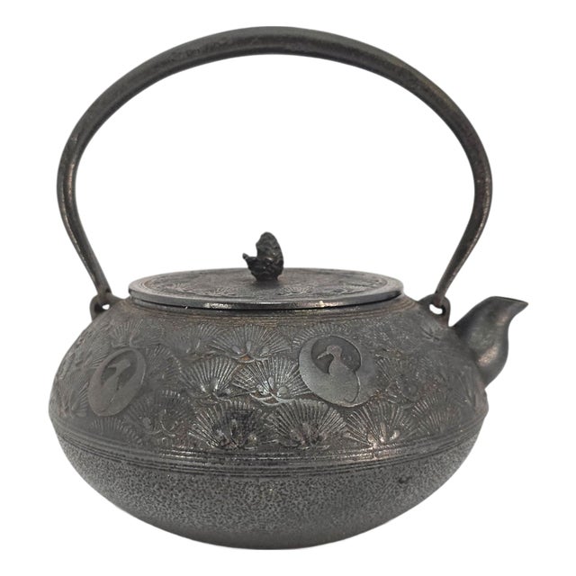 20th Century Oigen Nanbu Seieido Nambu Cast-Iron Pine and Crane Tetsubin For Sale