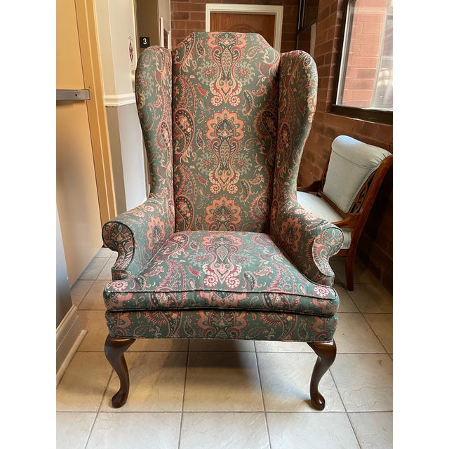 Green Vintage Richard Honquest Ralph Lauren Style Paisley Wingback Chair | Old Money Nyc Townhouse Aesthetic For Sale - Image 8 of 10