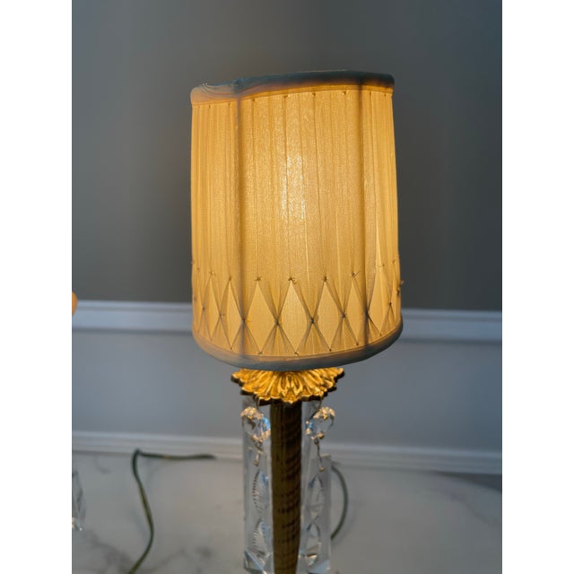 Brass Antique Pair of Neo-Classical Petite Brass and Cut Crystal Lamps Completely Restored For Sale - Image 8 of 11