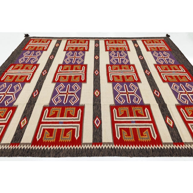 Modern Navajo Style Wool Area Rug Geometric Southwestern Textile Art in Crimson For Sale - Image 4 of 5