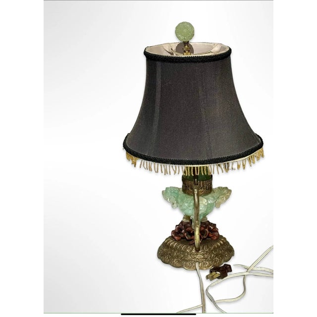 Unique and fine Chinese carved stone table lamp with carved foo dog motif carved wood base bronze decoration with original...