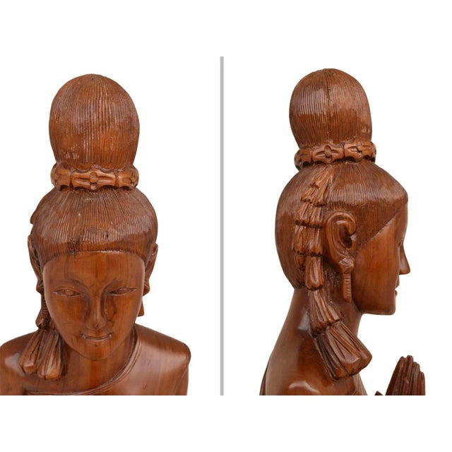 Wood Mid 20th Century Life Size Hand Carved Solid Wood Sawasdee Thai Women Greeter Statue For Sale - Image 7 of 11