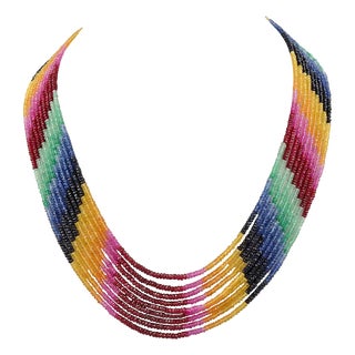 280 Ct 9 Layer Natural Emerald Ruby & Sapphire Bead Necklace 14K Gold Adjustable For Sale