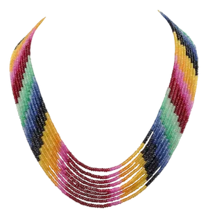 280 Ct 9 Layer Natural Emerald Ruby & Sapphire Bead Necklace 14K Gold Adjustable