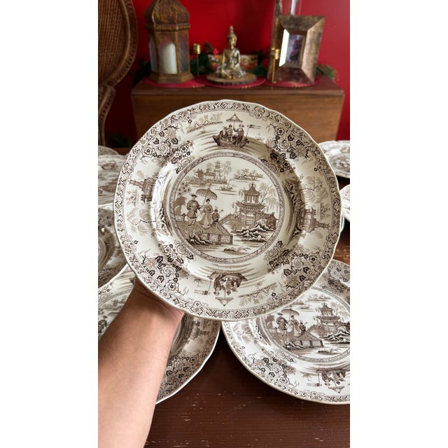 A Rare Set of 16 Brown Transfer Decorated Staffordshire Plates, “Nankin” by Dimmock, Circa 1830’s Made by Thomas Dimmock...