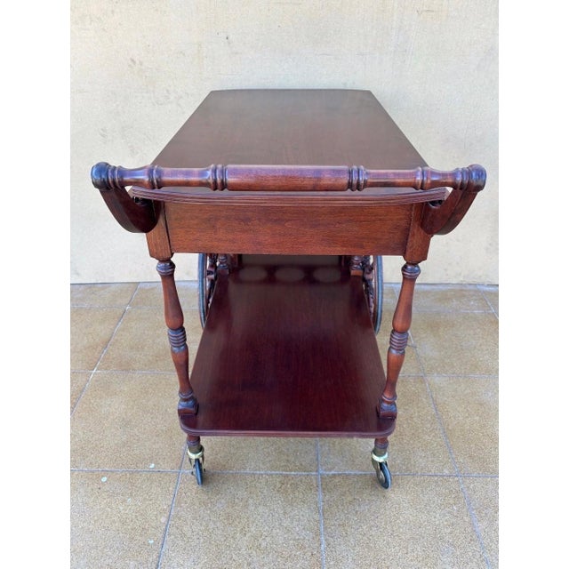 Vintage Wood Tea & Bar Cart with Drop-Leaf Sides and Bottle Holder, 1940s For Sale - Image 10 of 10