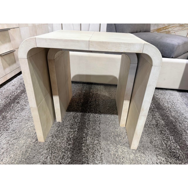 Contemporary Pair of Restoration Hardware Parchment Leather Nesting Tables For Sale - Image 3 of 4