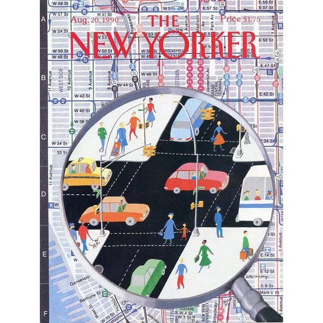Original vintage New Yorker magazine cover dated August 20, 1990 featuring a subway map-inspired Midtown New York City...